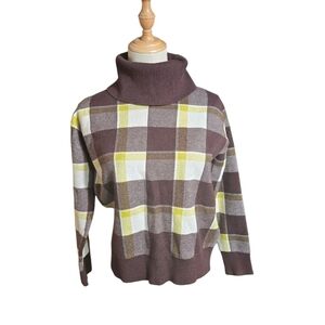 Tahari Brown and Yellow Plaid Turtleneck  Waist Length Sweater